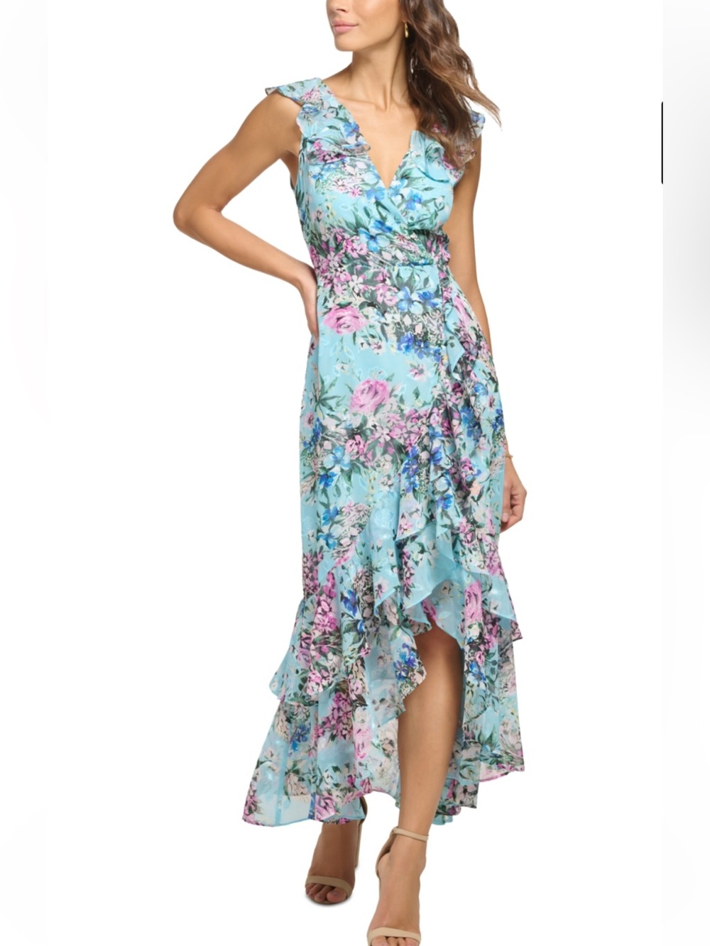 kensie Light Blue Floral Ruffle coquette romantic feminine Maxi Dress 14